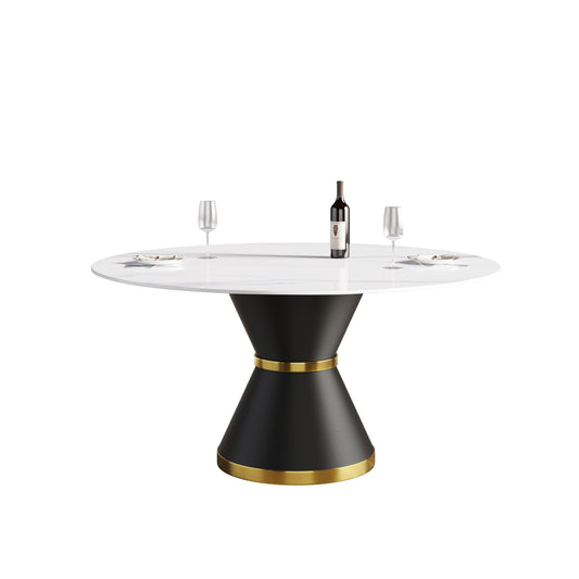 Modern Artificial Stone Round Dining Table with Black Carbon Steel Base, Seats 6, 59.05 Inches