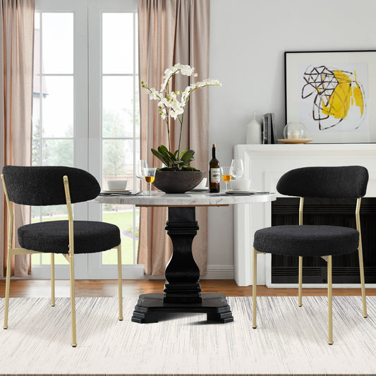 Boucle Upholstered Dining Chairs with Curved Backrest & Gold Metal Legs Set of 2, Black