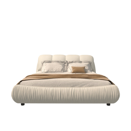Queen Size Luxury Upholstered Platform Bed with Oversized Padded Backrest and Solid Wood Frame, Suitable for Multiple Heights of Mattresses, Beige