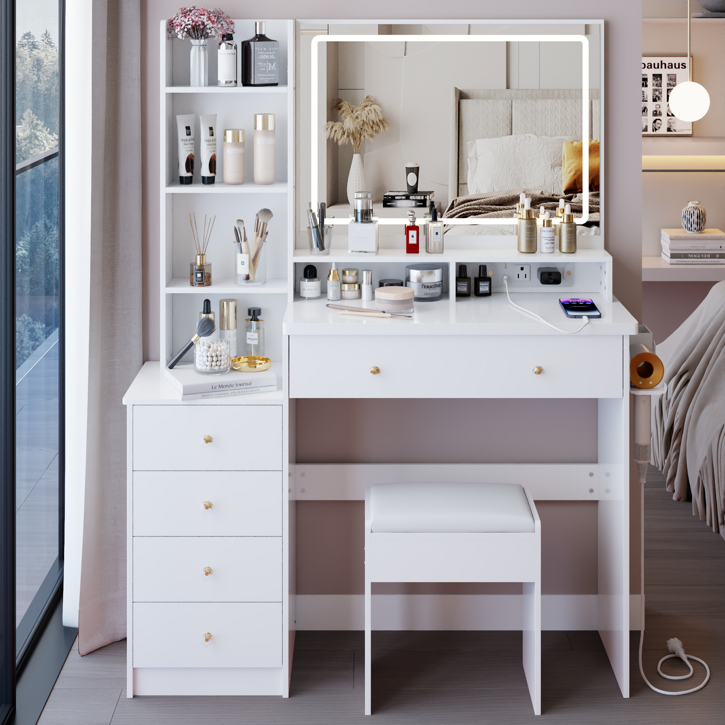 41' Large Size Left Bedside Cabinet Vanity Table+Cushioned Stool Dresser Set, 2 AC+2 USB Power Station, Hair Dryer Stand, Extra Large Touch Control LED Mirror, 3-color Switch, EPA, GCC, UL Certificate