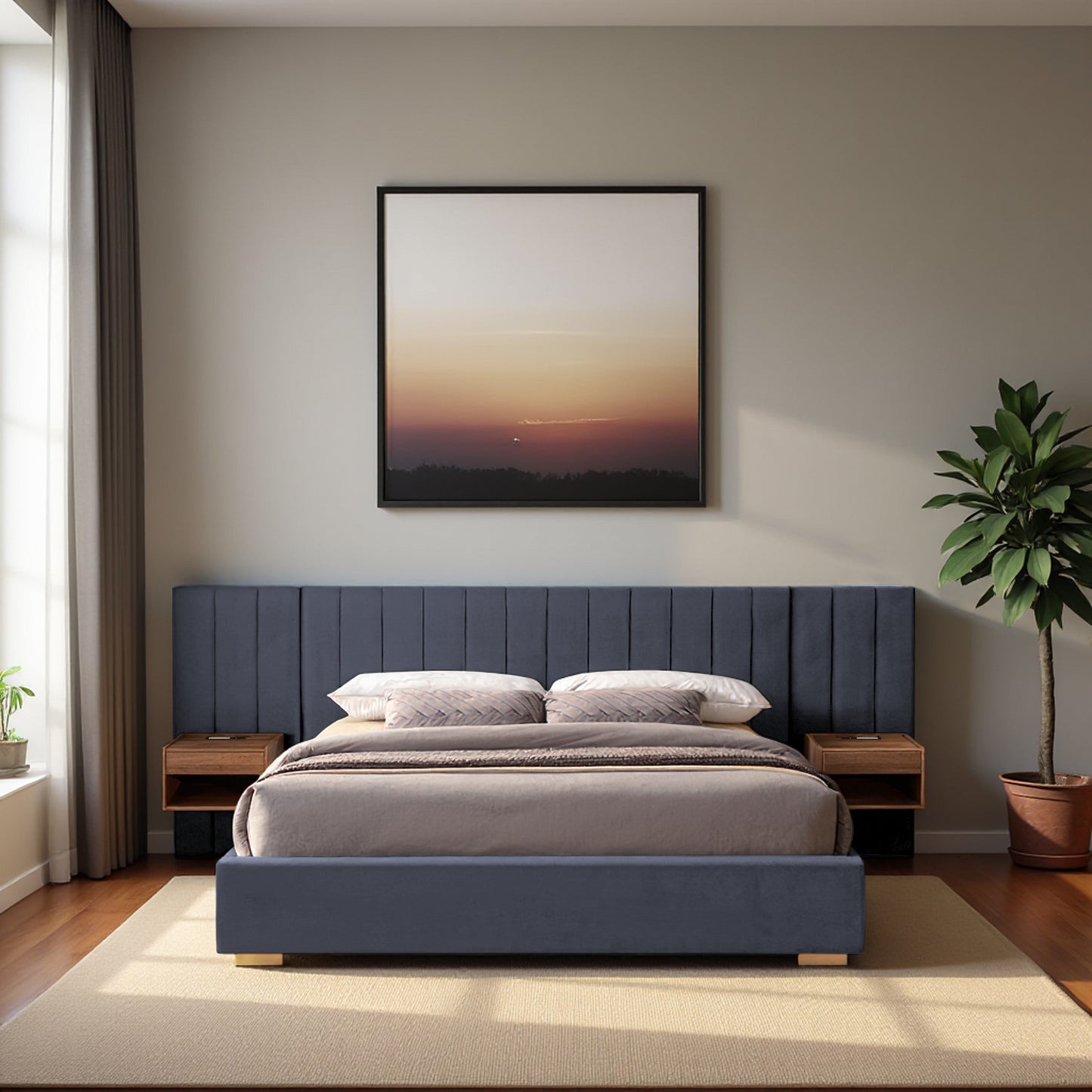 Upholstered Queen Size Bed Frame of Velvet Tufted Headboard with Floating Nightstand LED/USB Built-in, Grey