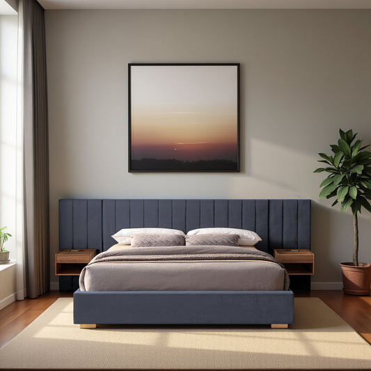 Upholstered Queen Size Bed Frame of Velvet Tufted Headboard with Floating Nightstand LED/USB Built-in, Grey