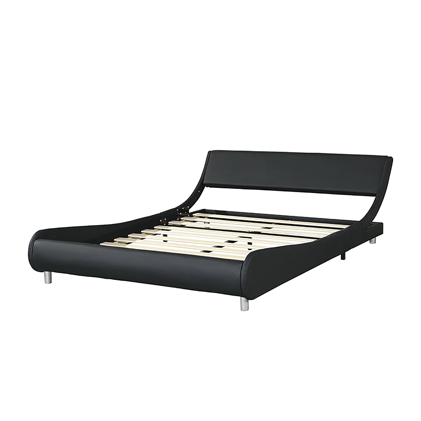 Faux Leather Upholstered Platform Bed Frame with LED Lighting, Curve Design, Queen Size, Black