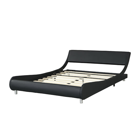 Faux Leather Upholstered Platform Bed Frame with LED Lighting, Curve Design, Queen Size, Black
