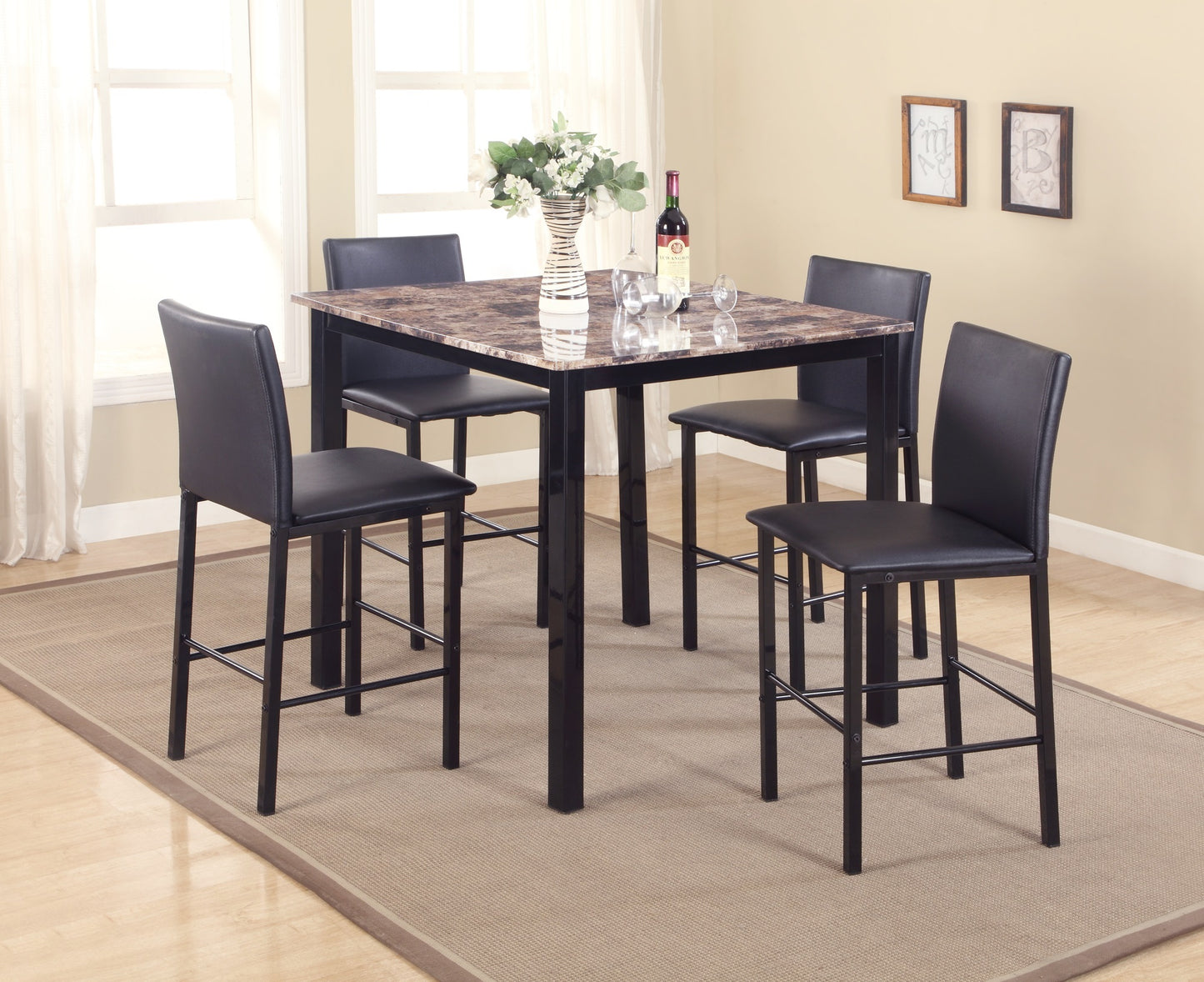 5 Piece Citico Counter Height Metal Dinette Set with Laminated Faux Marble Top, Black