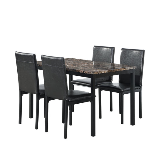 Modern Furniture 5 Piece Metal Dinette Set with Faux Marble Top in Black