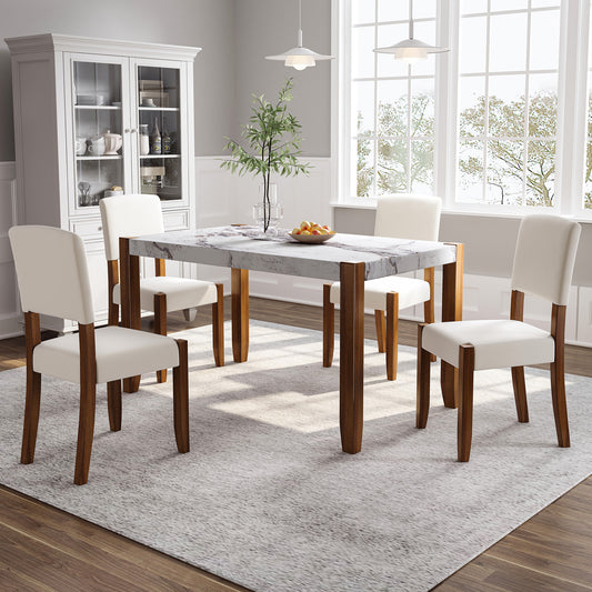 5-Piece Modern Dining Furniture Set, 4-Person Space-Saving Dinette for Kitchen, 46' Faux Marble Style Table and 4 Upholstered Chairs with Solid Rubberwood Legs