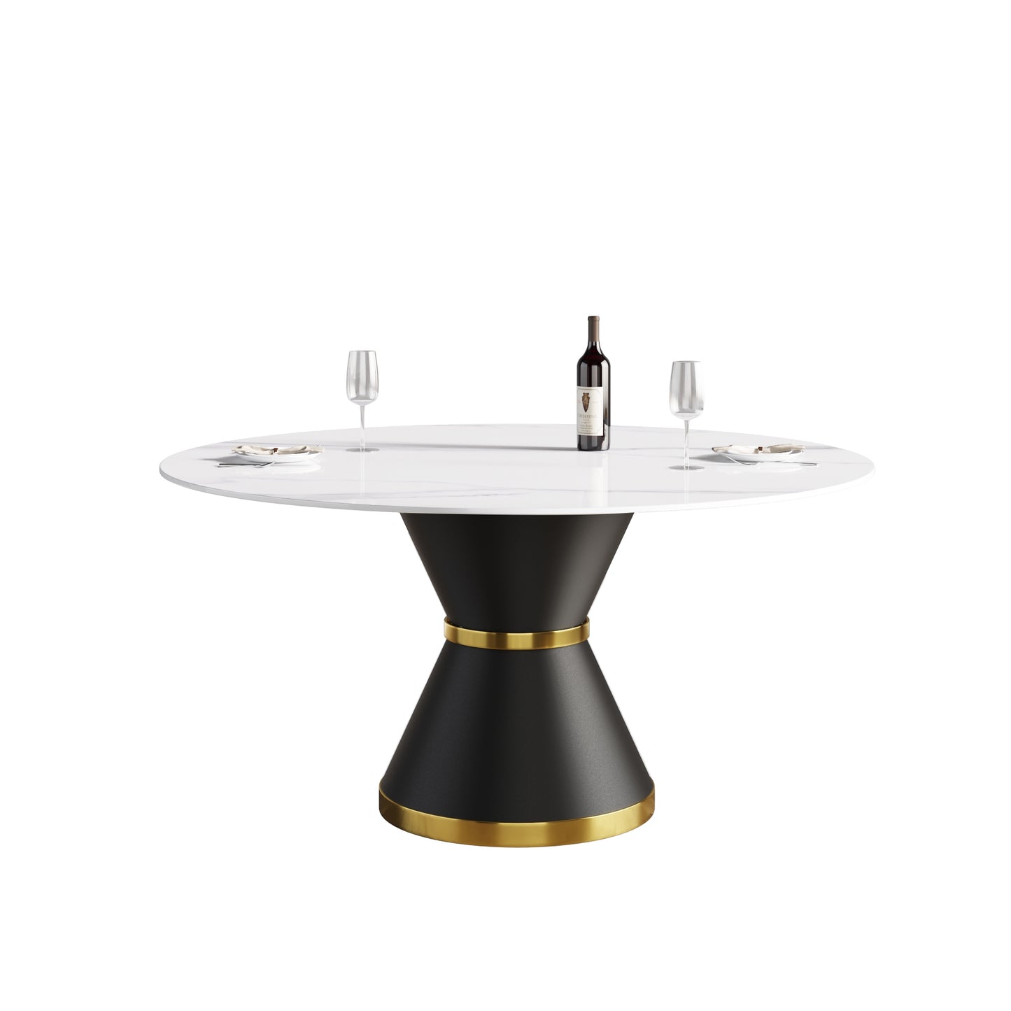 Modern Artificial Stone Round Dining Table with Black Carbon Steel Base, Seats 6, 59.05 Inches