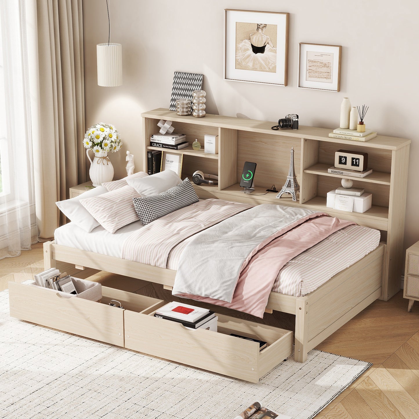 Twin Size Bed Frame With Side Bookshelves, Two Drawers, And Built-in USB Port For Natural Color