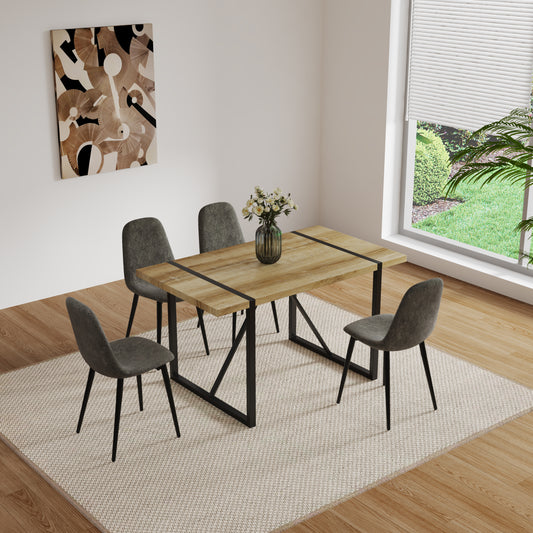 55' MDF Wood Colour Dining Table and Modern Dining Chair Set of 4, Mid Century Wooden Kitchen Table Set, Metal Base & Legs, Dining Room Table and Suede Chairs