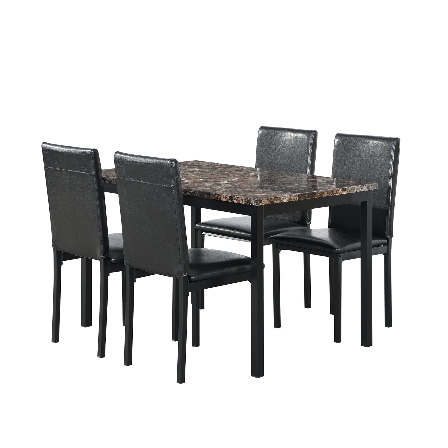 Modern Furniture 5 Piece Metal Dinette Set with Faux Marble Top in Black