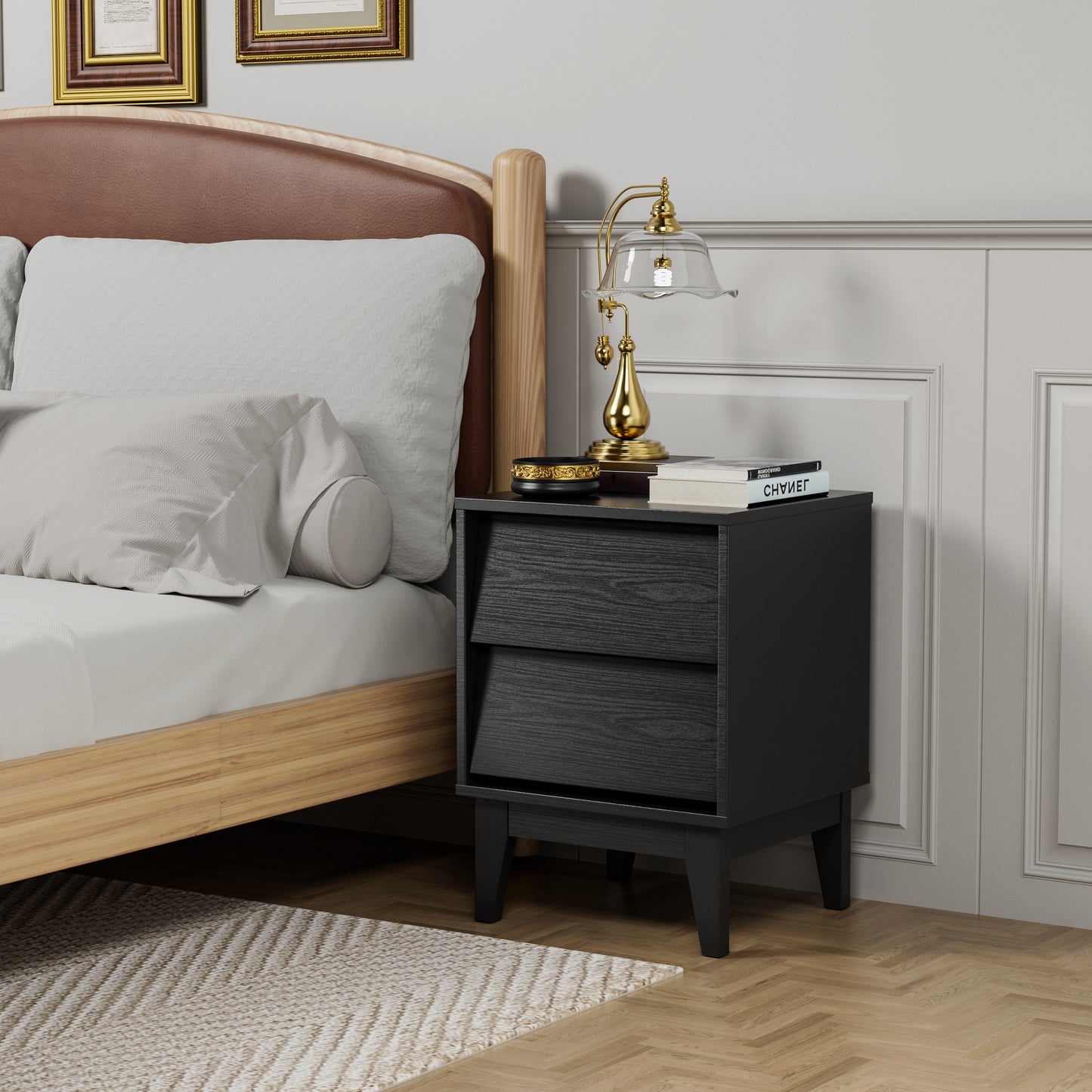 2 Set Nightstands Features Vintage-style and Bevel Design, Made of MDF, Mid Century Modern Nightstand, Night Stand for Bedroom
